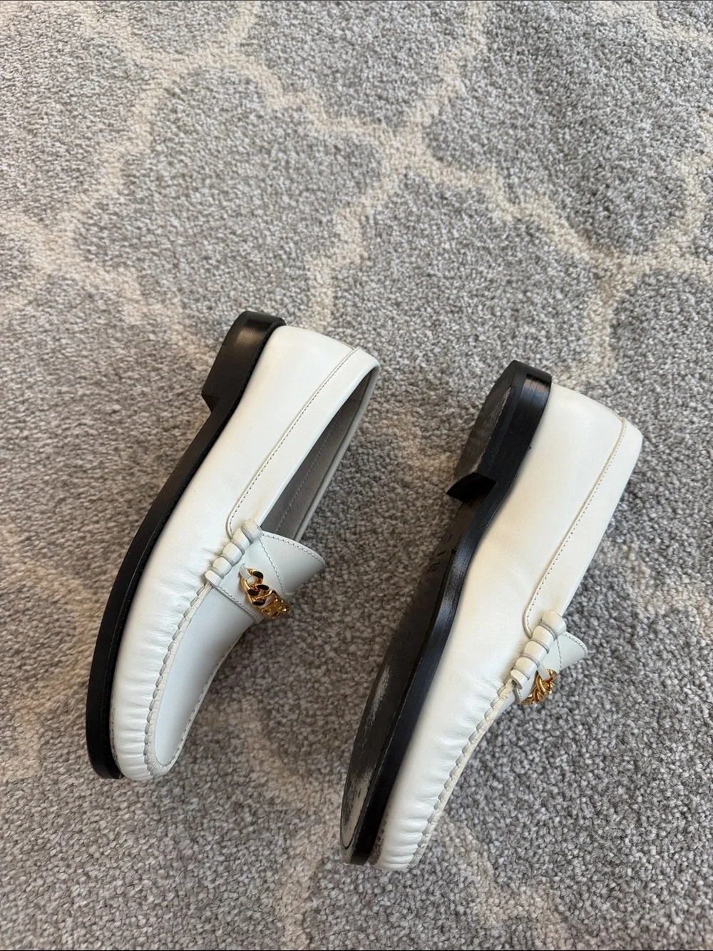 Celine White Leather Loafers with Gold Chain Accent